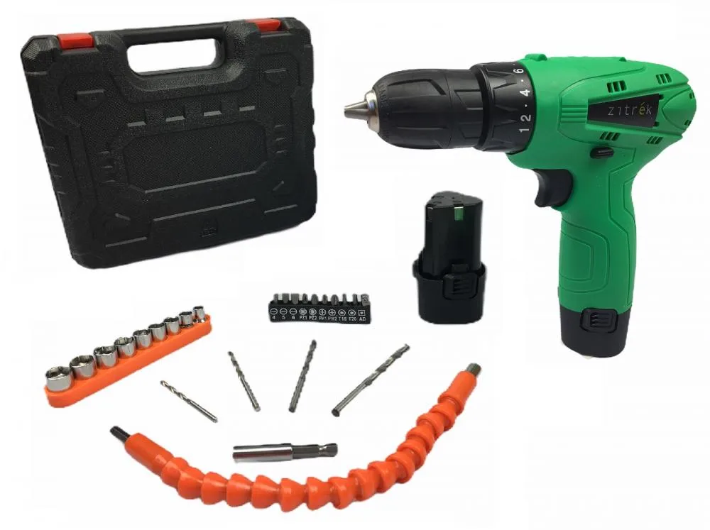 фото дрель аккумуляторная zitrek green 12 pro (12в, li-ion аккум. 2шт, зу, кейс, гибкий удл., сверла, биты) 063-4073